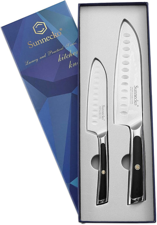 Sunnecko Knife Set, Santoku Knife, Small Santoku, 7.1 inches (180 mm), 5.1 inches (130 mm), Damascus, 73 Layers, Stainless Steel, For Home Use, Commercial Use, Kitchen Knife, Paring Knife, All Purpose Knife, Vegetables, Meat, Fish, Gyu Sword, Gift