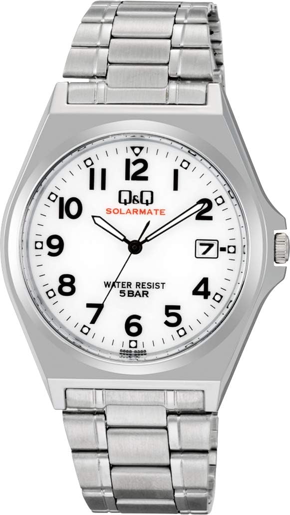 Citizen Q&Q H060 Men's Wristwatch, Solar, Waterproof, Date, Metal Band, silver/white, watch