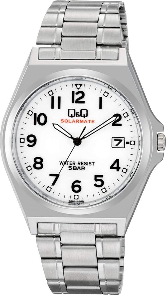 Citizen Q&Q H060 Men's Wristwatch, Solar, Waterproof, Date, Metal Band, silver/white, watch