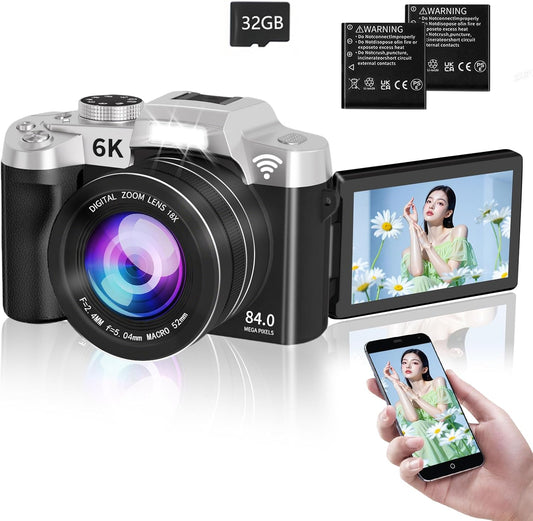 [2025 Strongest 6K Recording] Digital Camera, 84 Megapixel Digital Camera, Smartphone Camera, Wi-Fi Transfer, Compact Camera, 180° Rotation, Display, Auto 18x Digital Zoom, Focus, Selfie LED Light