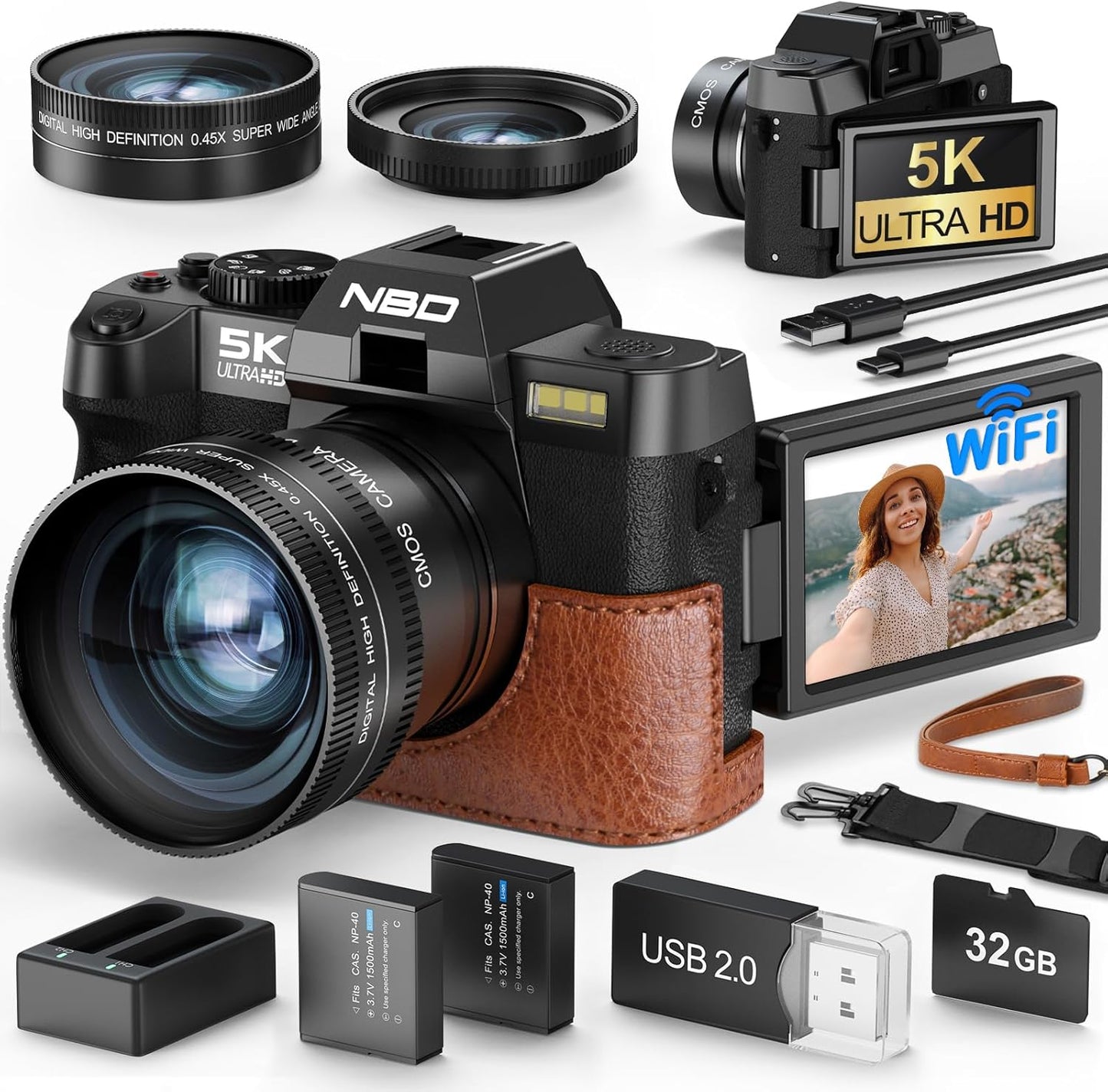 NBD 5K 48MP Digital Camera with Leather Half Case, Wi-Fi and App Control, 16x Zoom SLR Camera, 180° Flip Screen, Auto Focus, Image Stabilization, Macro + Wide Angle Lens & Webcam Function, 32GB SD