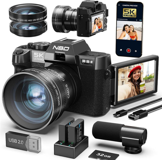 NBD 5K 48MP Digital Camera [Wi-Fi and App Control] 16x Zoom SLR Camera 180° Flip Screen | Auto Focus & Image Stabilization | Macro + Wide Angle Lens & Webcam Function (Graphite)