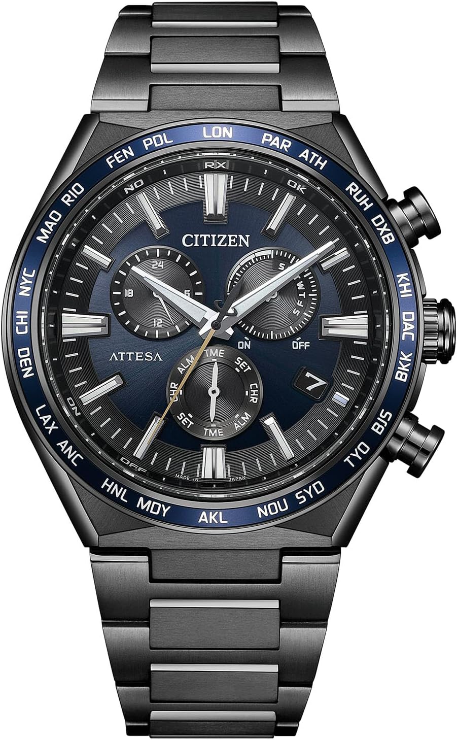 Citizen Atessa CB5967-66L Photovoltaic Eco-Drive Radio Watch, Waterproof, Black Titanium, Dark Blue, Black, Black, Bracelet Type