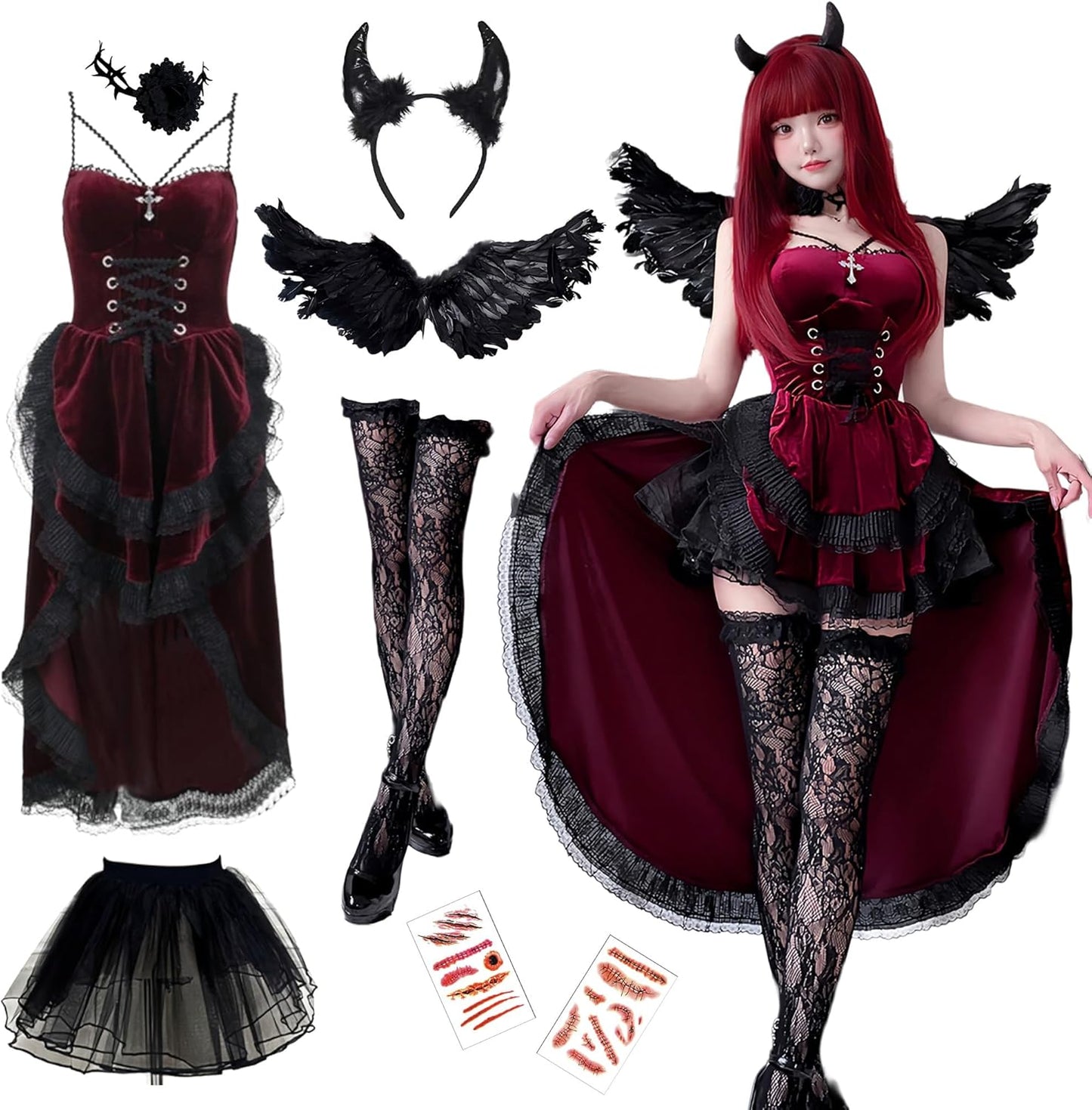 Devil Cosplay, Halloween Costume, 8-Piece Set, Devil, Women, Adult, Outfit, Wings, Petticoat, Black, Red, Cute, Angel and Devil, Witch, Large Size, Sexy, Costume, Event, Cosplay, Festival