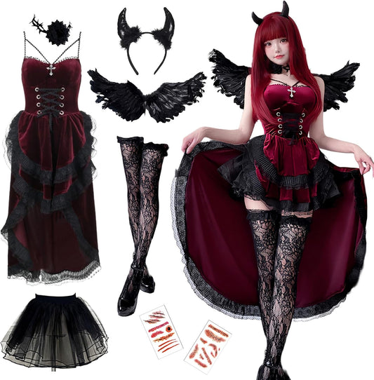 Devil Cosplay, Halloween Costume, 8-Piece Set, Devil, Women, Adult, Outfit, Wings, Petticoat, Black, Red, Cute, Angel and Devil, Witch, Large Size, Sexy, Costume, Event, Cosplay, Festival