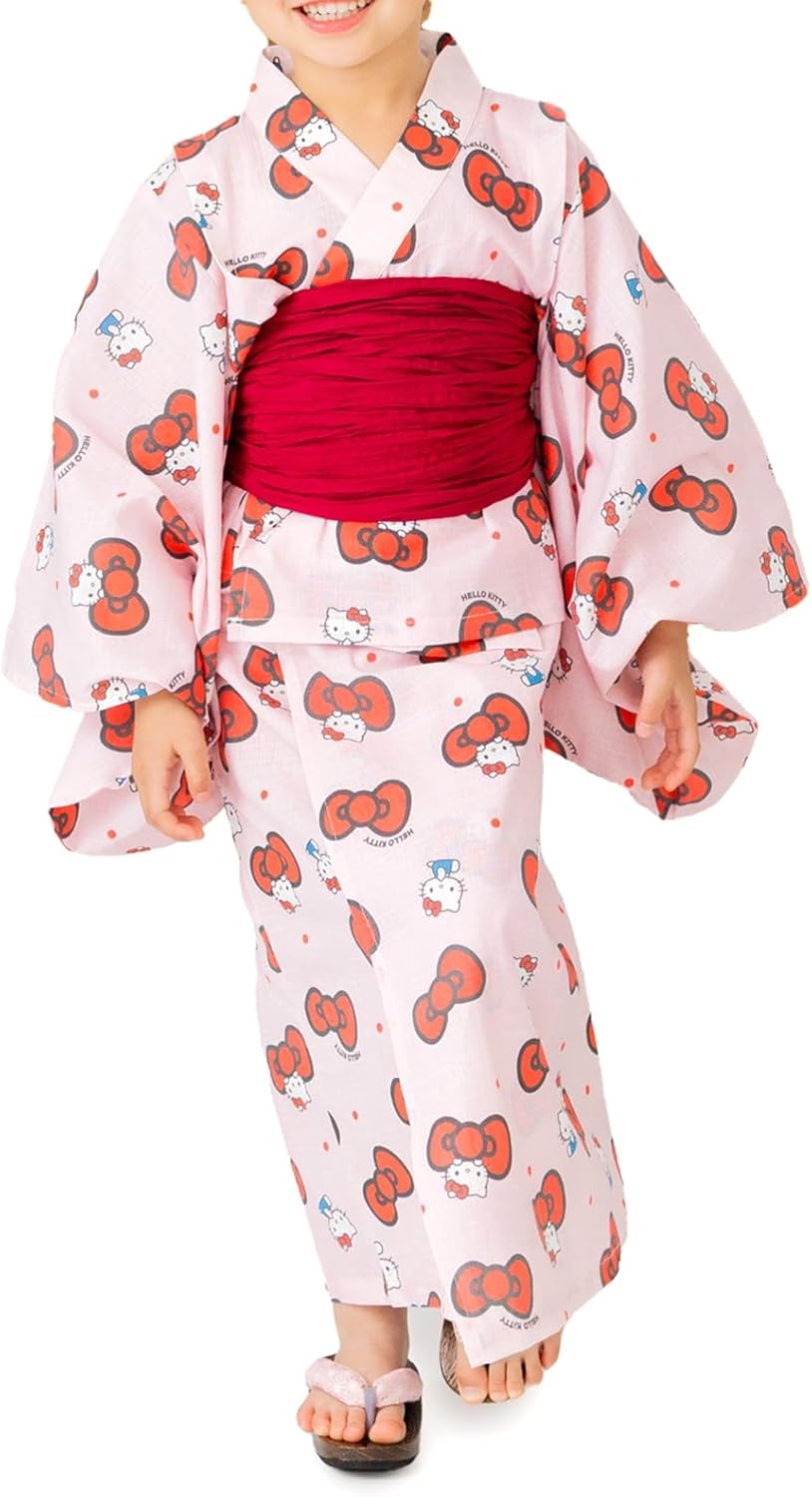 chil2 Hello Kitty Kids Yukata Set, Girls, Children's Clothing, 3-piece Set, Sundress, Dress, Waistband, 100% Cotton, SANRIO 100, 110, 120, 130, 140 cm
