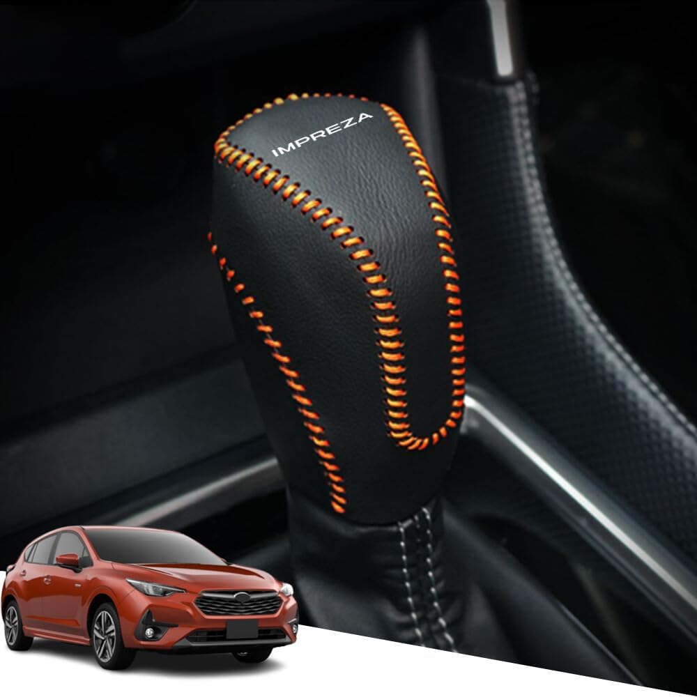 Genuine Leather Shift Knob Cover, Custom Interior Accessory, Scratch Prevention, Easy to Install, Vehicle-Specific Design, Black with Orange Stitching (See Compatible Vehicle Models)