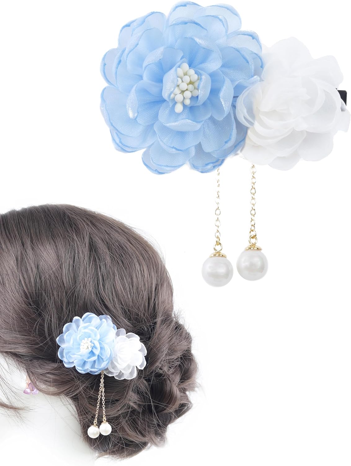 NANA Handmade Hair Ornament, Clip, Swaying Pearl Beads, Yukata, Kimono, Fireworks Display, Simple, Small Flowers, Short, Hakama, Ping Pong Mom, Shichi-Go-San