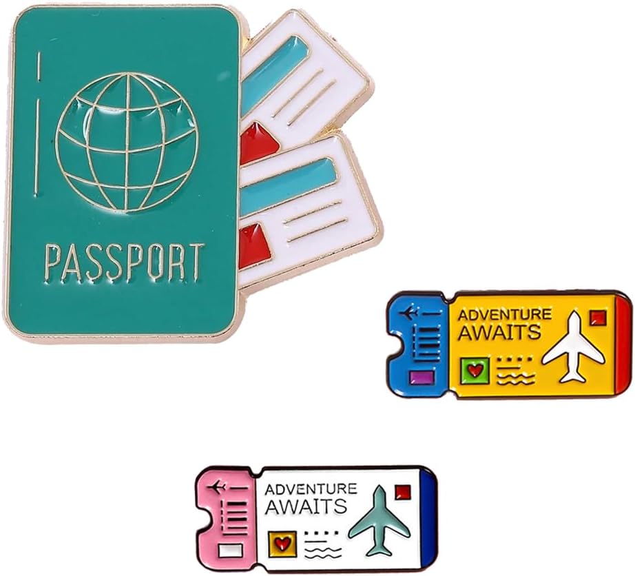 Juego de 3 pines esmaltados de viaje, diseño de pasaporte y aventura, accesorios de viaje, pasadores de crucero