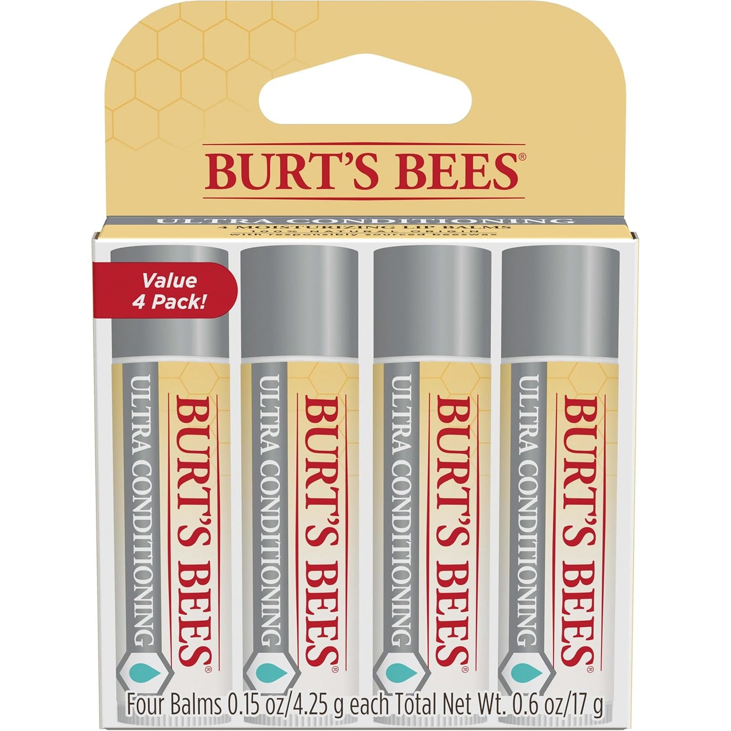 Burt's Bees Bálsamo labial, cuidado de labios hidratante, 100% de origen natural, ultra acondicionador con karité, cacao y manteca de kokum, 0.15 onzas, cuatro tubos
