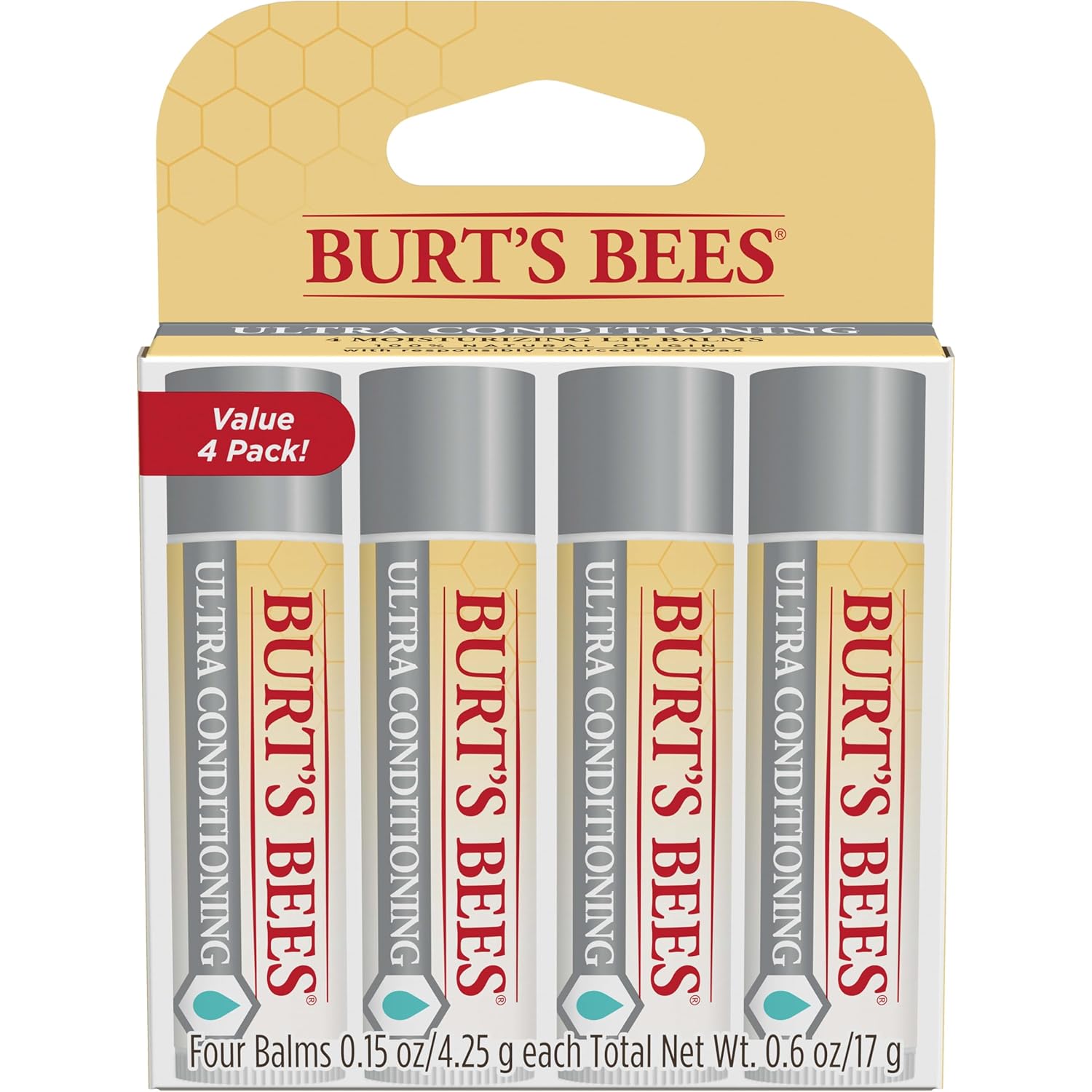 Burt's Bees Bálsamo labial, cuidado de labios hidratante, 100% de origen natural, ultra acondicionador con karité, cacao y manteca de kokum, 0.15 onzas, cuatro tubos