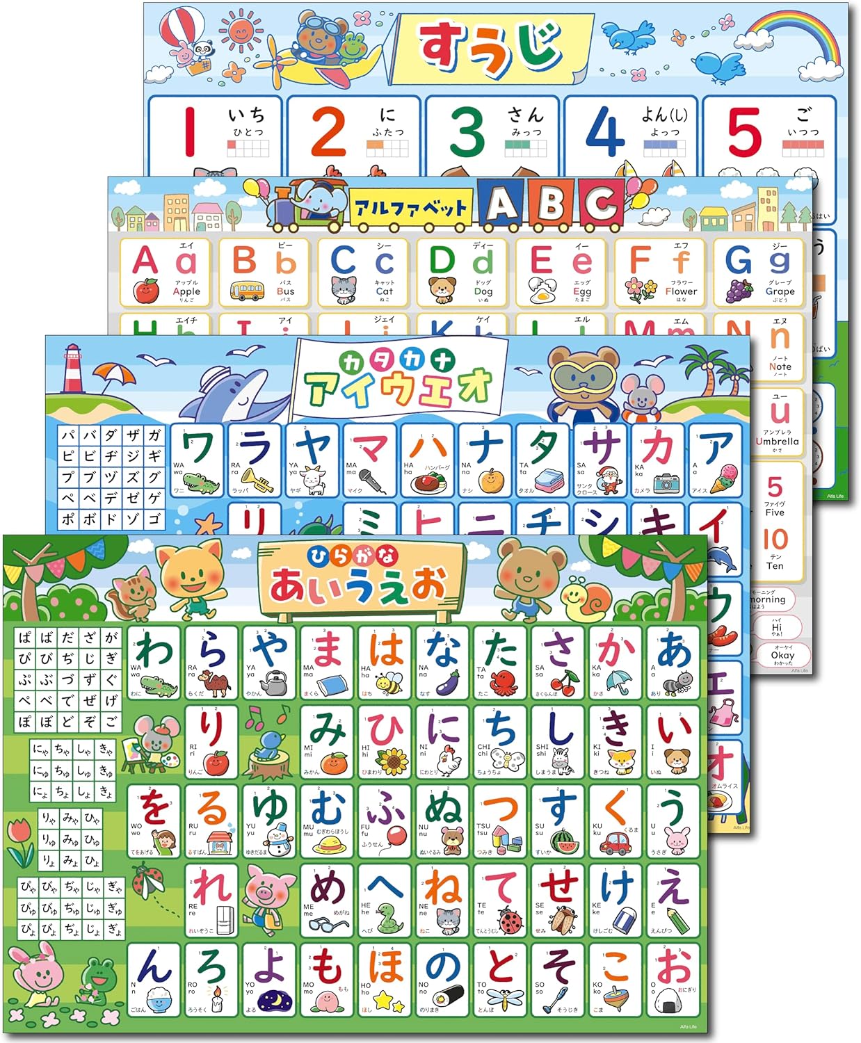 Study in the Bath: Set of 4 bath posters (1. Hiragana, 2. Katakana, 3. Alphabet, 4. Numbers). Comes with removable double-sided tape. ABC English Smooji Learning Poster, Educational Poster, Waterproof