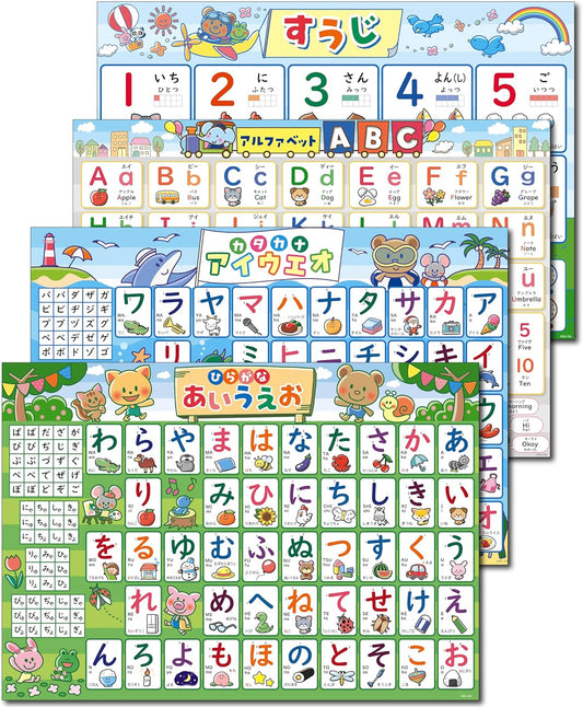 Study in the Bath: Set of 4 bath posters (1. Hiragana, 2. Katakana, 3. Alphabet, 4. Numbers). Comes with removable double-sided tape. ABC English Smooji Learning Poster, Educational Poster, Waterproof