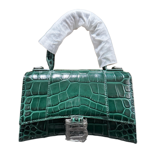BALENCIAGA HOURGLASS XS 'CROCODILE EMBOSSED CALFSKIN' LEATHER GREEN HANDBAG