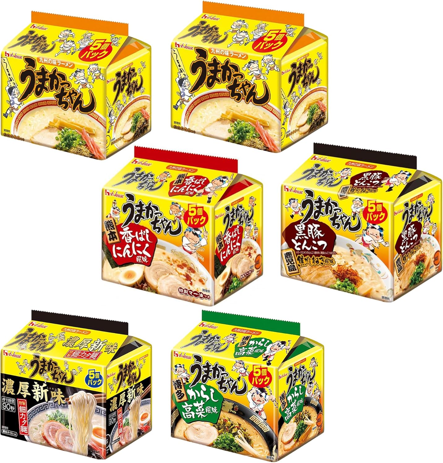 House Uma-Kacchan Kyushu Tonkotsu Ramen Comparison Set Standard 10 Packs + 4 Varieties x 5 Each, 30 Packs Total [Standard, Rich New Flavor, Pickled Mustard Greens, Garlic, Black Pork Seared Onion