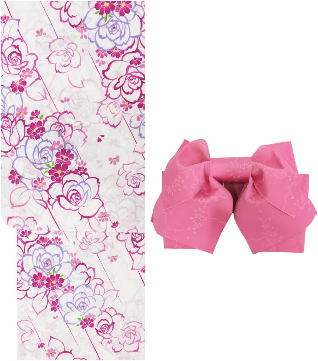 Kimono Japanese Net Shop Nset1377,set0700 Women's Adult Yukata 2-Piece Set (Yukata + Obi) F Size Women's Yukata Black White Red Green Festival Fireworks