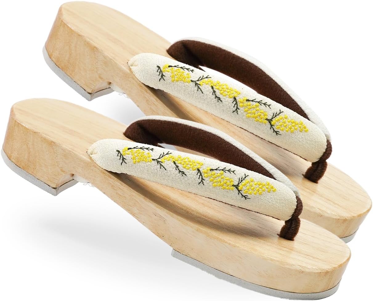 Amemari Women's White Wood Yukata, Lace, Embroidery, Mimosa Embroidery, Fashionable, Painless, Plump Thong, One-class Top Clogs, Beautiful Wood Geta, Yukata Accessories, Dull Color, Thong, Clogs