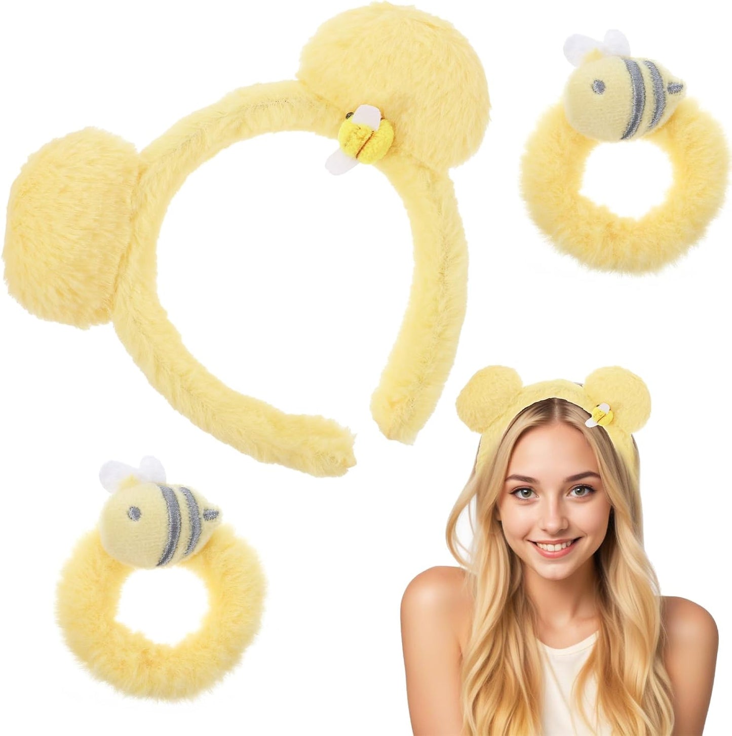 Ptwola 3 Pack Yellow Bear Ears Headbands Cute Headbands for Party Makeup Face Wash Accessories for Halloween Festival Cosplay Party