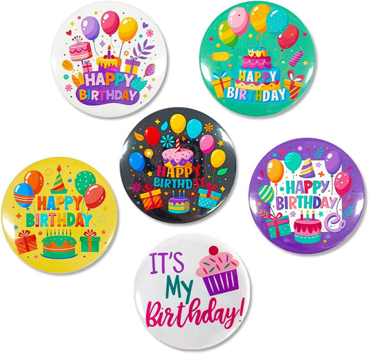 6 pines de insignias de cumpleaños, suministros de fiesta divertidos, alfileres esmaltados de metal de estaño, diseños de invitados, recuerdos