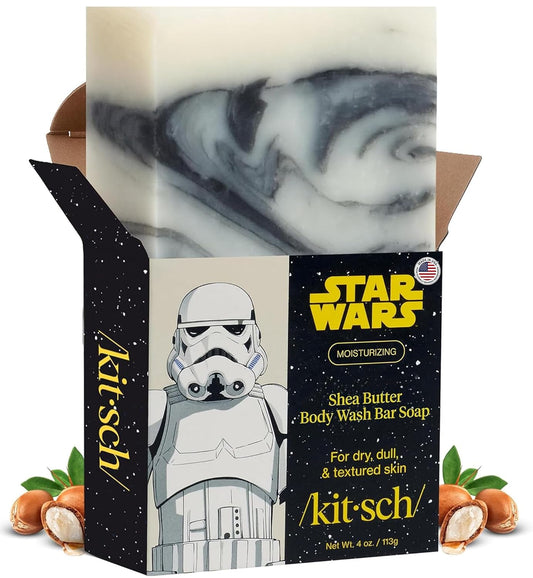 Kitsch Jabón corporal exfoliante de manteca de karité x diseño de Stormtrooper de Star Wars, jabón en barra hidratante y barra de jabón suave, hidrata, suaviza y calma la piel, sin parabenos, silicona