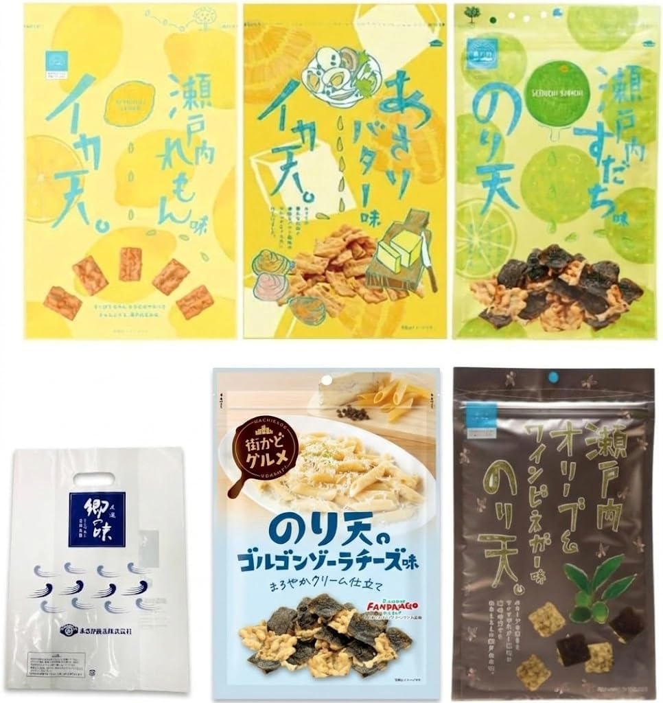 【Maruka Foods Official Online Store】Ika Ten Nori Ten 5-Variety Tasting Set: Ika Ten Seto Inland Sea Lemon Flavor/Asari Butter Flavor Squid Ten/Sudachi Nori Ten/Cheese Nori Ten/Seto Inland Sea Olive