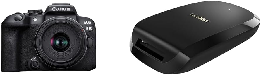 Canon Mirrorless SLR Camera EOS R10 Lens Kit (RF-S18-45) Black/APS-C/EOSR10-1845ISSTMLK + [SanDisk Extreme Pro] CFexpress Type B Card Reader USB 3.1 Gen2 SDDR-F451-JNGEN
