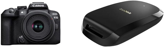 Canon Mirrorless SLR Camera EOS R10 Lens Kit (RF-S18-45) Black/APS-C/EOSR10-1845ISSTMLK + [SanDisk Extreme Pro] CFexpress Type B Card Reader USB 3.1 Gen2 SDDR-F451-JNGEN