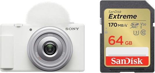 Sony Vlog Camera VLOGCAM Digital Camera ZV-1F Windscreen Included, Monofocal Lens, White, ZV-1F W + SanDisk SD Card, 64GB SDXC, Class 10, UHS-I U3, V30Extreme SDSDXV2-064G-GHJIN New Package