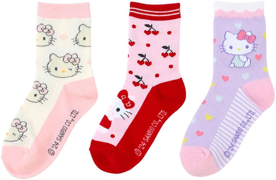 Sanrio 455199 Sanrio Kids Socks, Set of 3, Socks, 5.1 - 5.9 inches (13 - 15 cm), Hello Kitty, Hello Kitty, Character