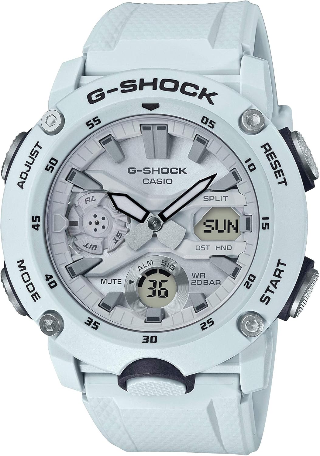 Casio GA-2000 Series G-Shock Carbon Core Guard Structure Wristwatch, white, Watch shock resistant construction, carbon core guard
