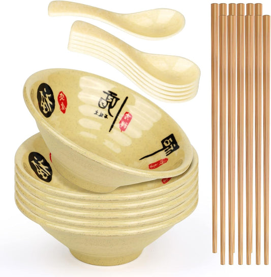 Melamine Ramen Bowl Chinese Japanese Style Soup Bowl Ramen Japanese Ramen Bowl, Instant Ramen Bowl, For Udon, Soba, Fo, Noodles, Breakfast, Melamine Material, Soup Bowl, Ramen, Asian Cooking (Color: A-6 sets/beige, Size: 7 inches)