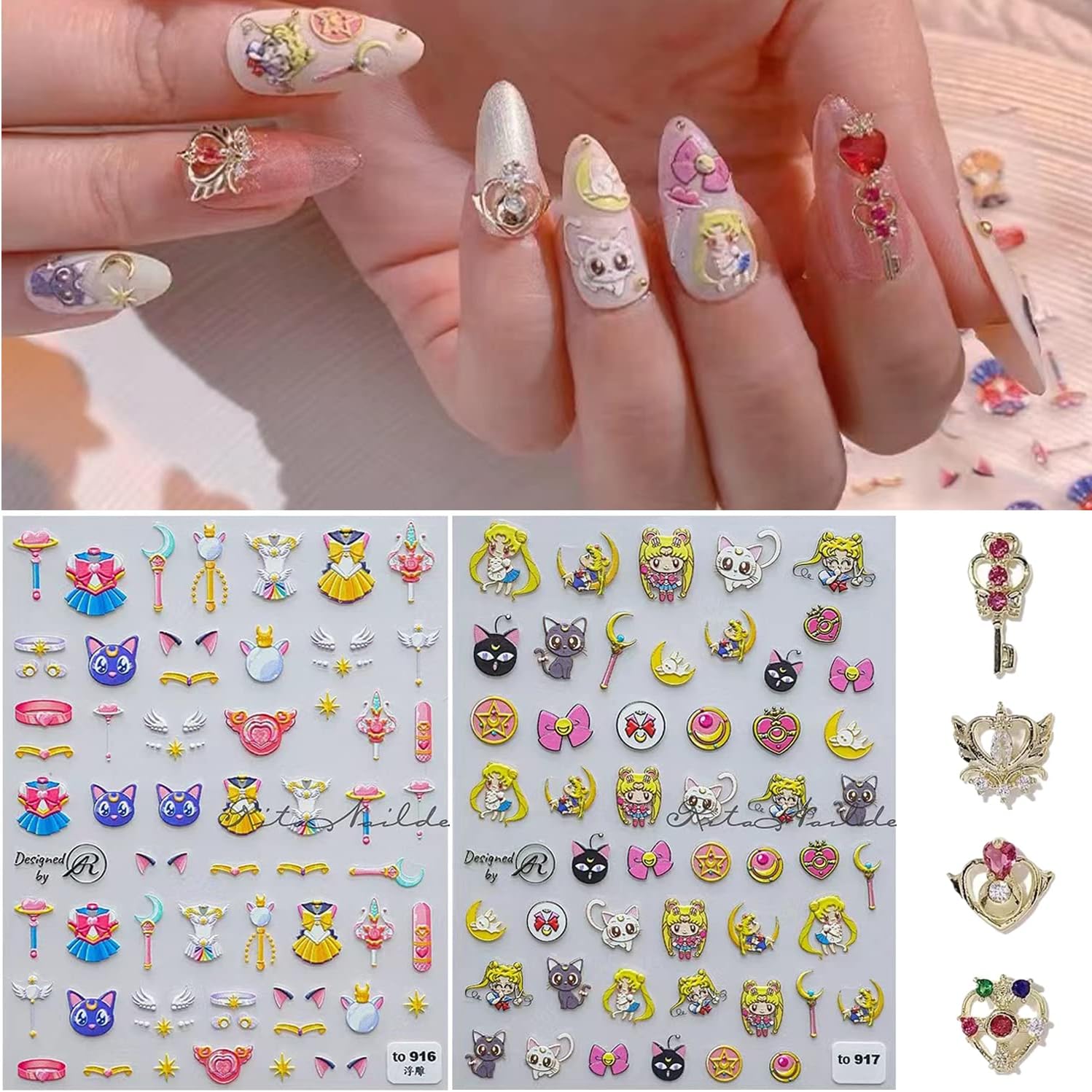 New Sailor Moon 5D Embossed Anime Nail Art Sticker Decal Kids Princess Cartoon Cartoon Moon Hair Sailor Moon Anime Nail Art Stickers(2 Pcs)+4pcs Sailor Moon 3D Diamond Nail Art Accessories for Nail