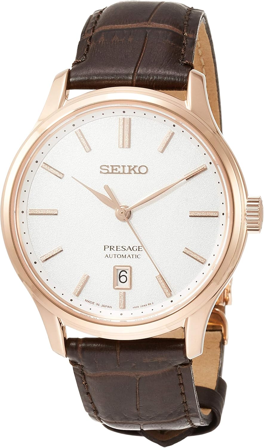 Seiko SARY142 Men's Wristwatch, Pleasage, Mechanical White Dial, Dual Curved Sapphire Glass, See-Through Back, Brown, Dial color - white, Mechanical White Dial Dual Curved Sapphire Crystal Watch
