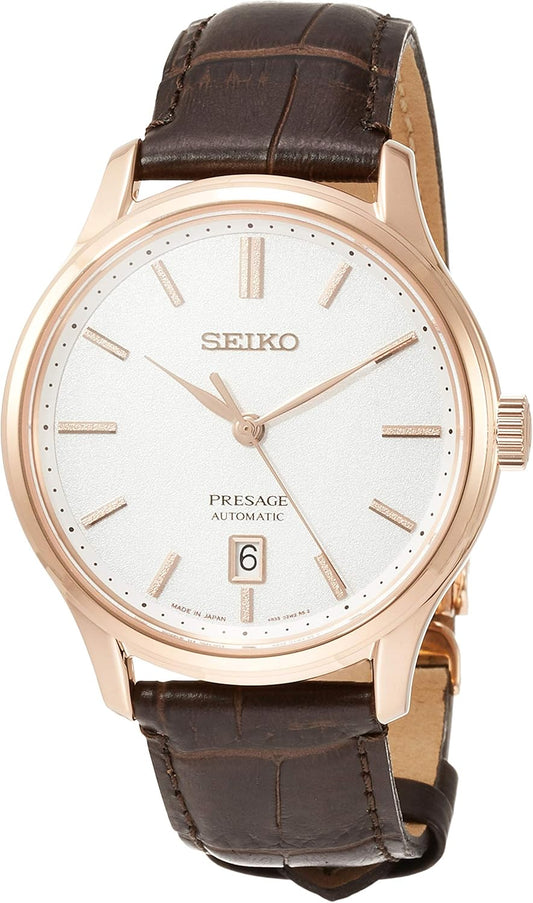 Seiko SARY142 Men's Wristwatch, Pleasage, Mechanical White Dial, Dual Curved Sapphire Glass, See-Through Back, Brown, Dial color - white, Mechanical White Dial Dual Curved Sapphire Crystal Watch