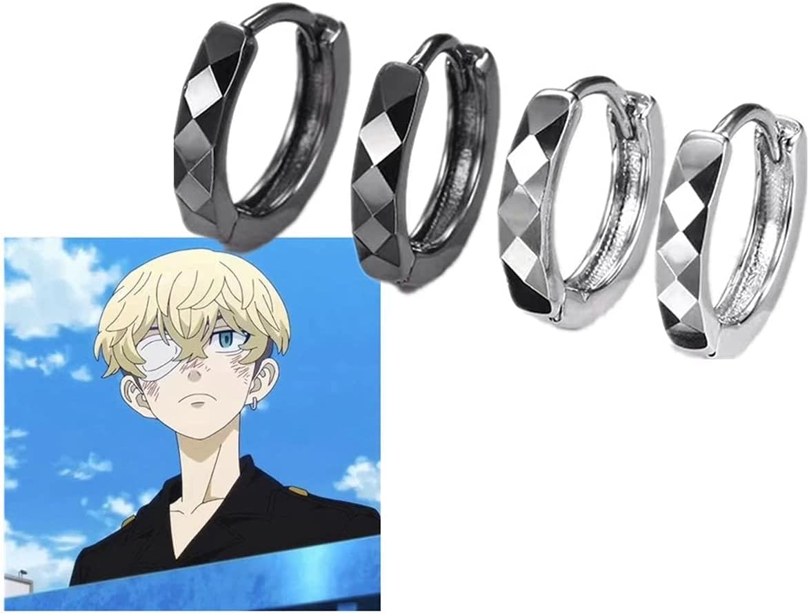 Tokyo Revengers Matsuno Chifuyu Earring, Pair of Earrings, Black Silver, Popular Anime Character Cosplay, Moe Goods, Accessories, Simple, Easy, Stylish, Unisex (Black)