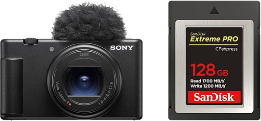 Sony ZV-1II Compact Digital Camera VLOGCAM Vlog Camera with Windscreen 18-50mm F1.8-4.0 Zoom Lens, Black ZV-1M2 B + [SanDisk Genuine] CFexpress Type B 128GB Maximum Read Speed 1700MB/s SanDisk Extreme