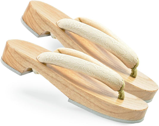 Amemari Women's White Wood Yukata, Lace, Embroidery, Mimosa Embroidery, Fashionable, Painless, Plump Thong, One-class Top Clogs, Beautiful Wood Geta, Yukata Accessories, Dull Color, Thong, Clogs