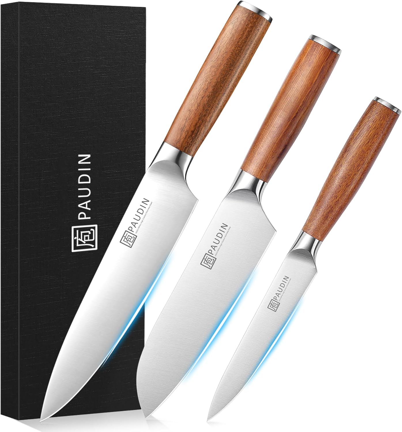 PAUDIN 5Cr15MoV 3-Piece Knife Set, Santoku Knife, Gyu Sword, Petite Knife, High Carbon Stainless Steel, Natural Wood Handle, Double-edged, All-Purpose Knife Set, Good Cut, Gift Ready