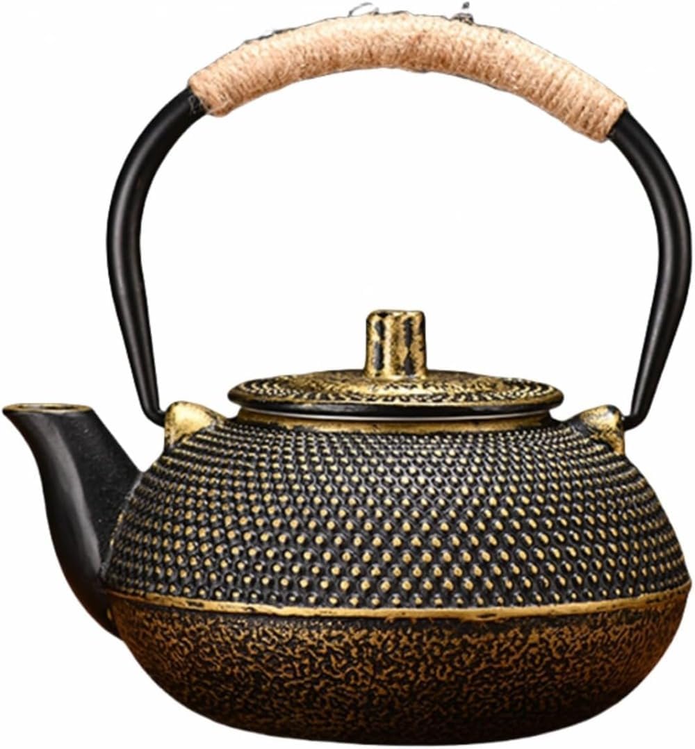 鉄瓶 対応 直火可用 やかん ティーポット 鉄びん 鉄器 鋳物 茶道道具 鉄分補給 伝統工芸品 小丁壺 鋳鉄茶器 囲炉裏煮茶 家庭用 古い鉄壺 功夫茶器 お茶 (600ml,ゴールデン)