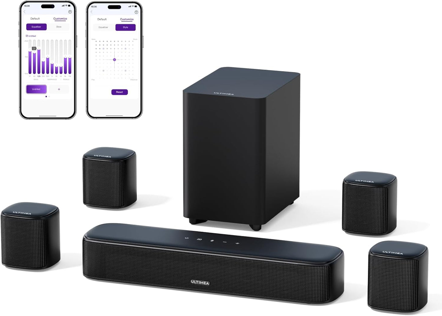 ULTIMEA 7.1ch Soundbar for TV 330W with BassMX Subwoofer/Surround Speaker, Japanese APP Control, Netflix Compatible, TV Speaker, Optical/AUX/BT5.3, Japanese Manual Included, Night Mode, Black Aura A40