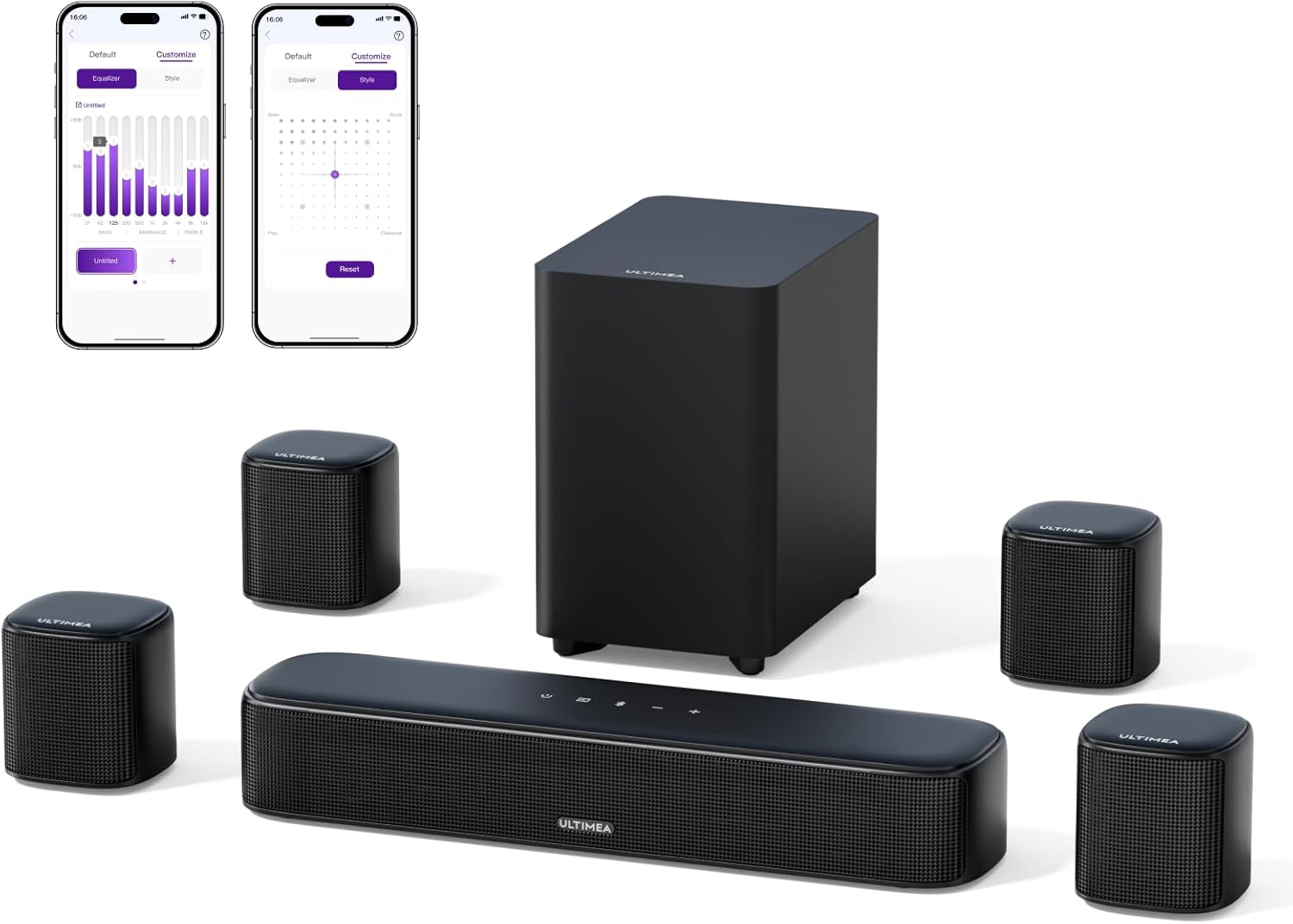 ULTIMEA 7.1ch Soundbar for TV 330W with BassMX Subwoofer/Surround Speaker, Japanese APP Control, Netflix Compatible, TV Speaker, Optical/AUX/BT5.3, Japanese Manual Included, Night Mode, Black Aura A40