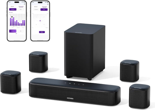 ULTIMEA 7.1ch Soundbar for TV 330W with BassMX Subwoofer/Surround Speaker, Japanese APP Control, Netflix Compatible, TV Speaker, Optical/AUX/BT5.3, Japanese Manual Included, Night Mode, Black Aura A40