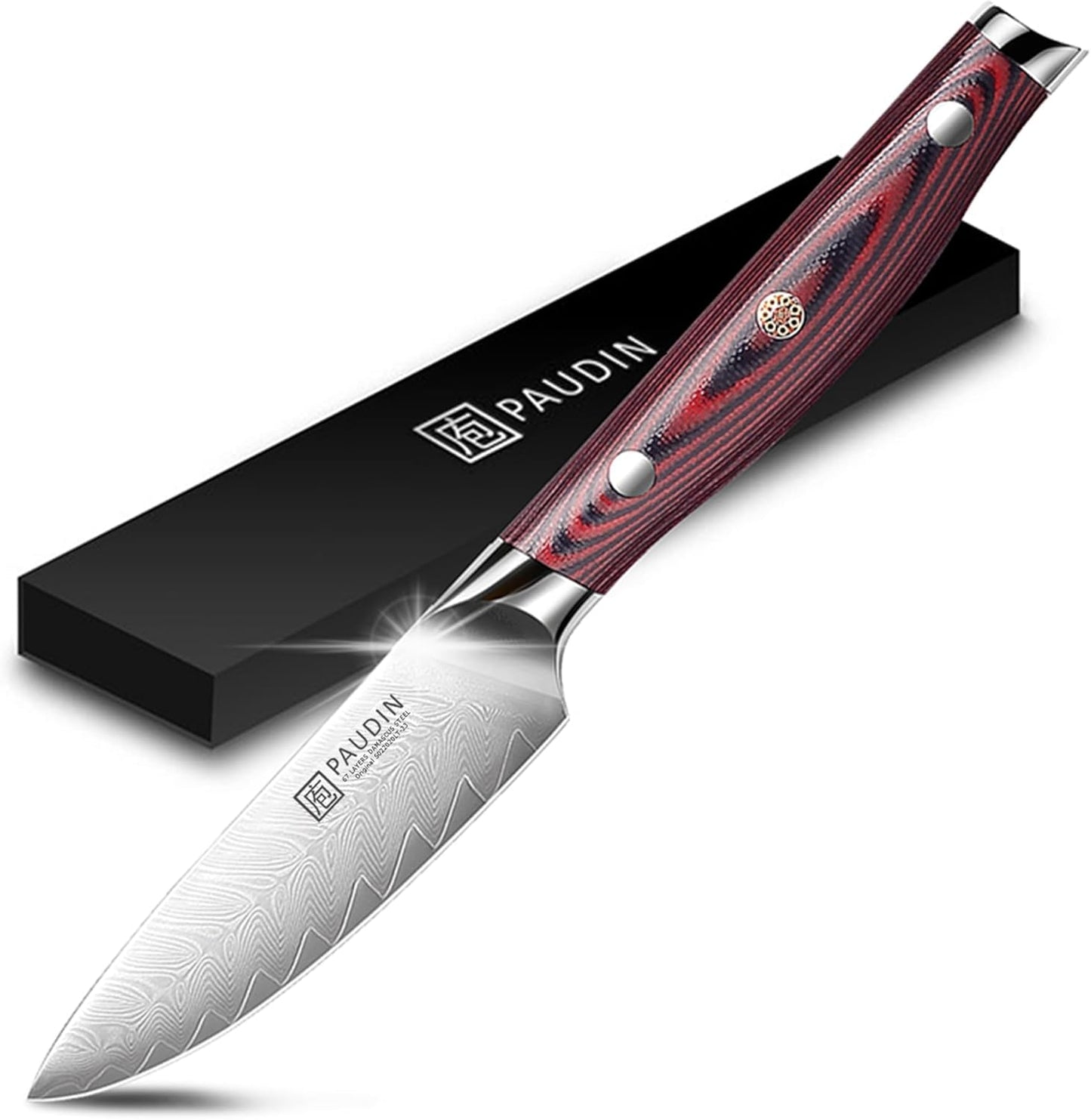 PAUDIN Petty Knife Cake Knife 90mm Paring Knife Damascus Knife 67 Layers VG10 Stainless Steel G10 Handle Double Edge Left Hand Fruit Knife Bird Feather Luxury Knife Birthday Wedding Gift Gift