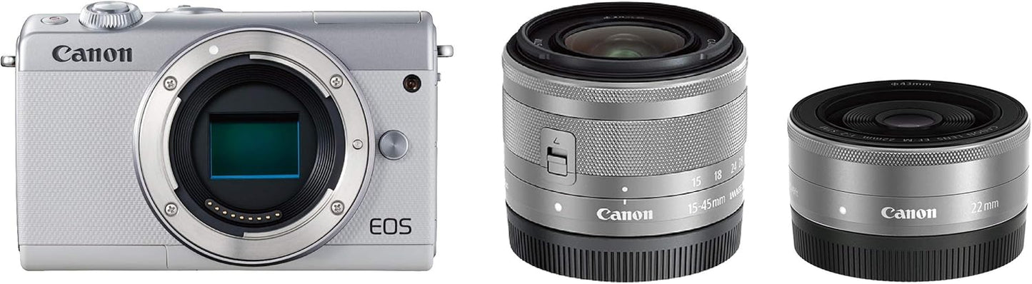 Canon EOSM100WH-WLK Mirrorless Single Lens Camera, EOS M100 Double Lens Kit, White