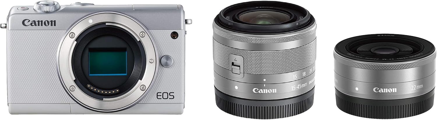 Canon EOSM100WH-WLK Mirrorless Single Lens Camera, EOS M100 Double Lens Kit, White