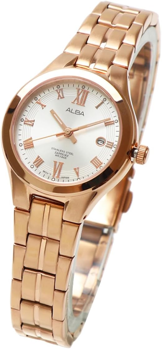 Seiko ALBA Alba Quartz AH7E56X1 Women's Pink Gold Rose Gold Stainless Steel Business Analog Date Calendar Watch Women Simple Bracelet, gold, Bracelet Type