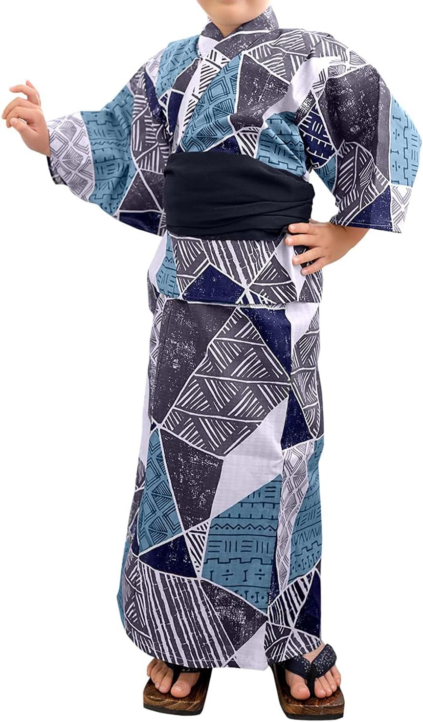 Kyoetsu Boys Yukata Set, Changeable Weaving, 3-Piece Set (Yukata, Waistband, Geta Clogs)