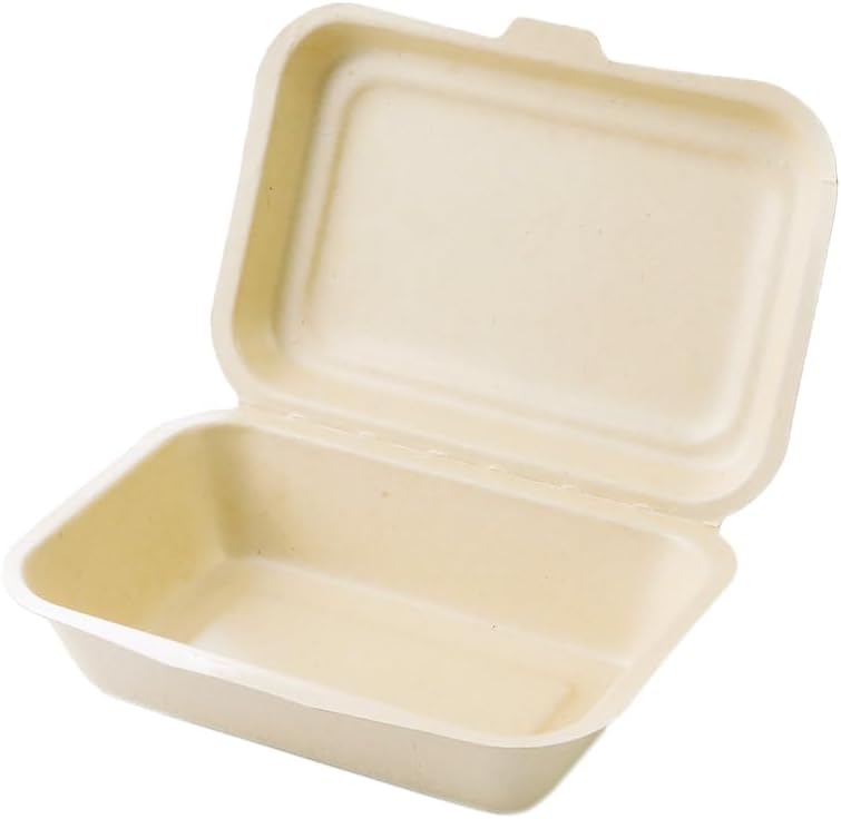 ECO&BASIC Reusable Lunch Box, Disposable, 450ml, Laminated, 50-Pack, Microwave Safe, Takeout, Bagasse, Unbleached, Rice-Resistant, Water & Oil Resistant, Eco-Friendly, Plant-Based, Commercial Use