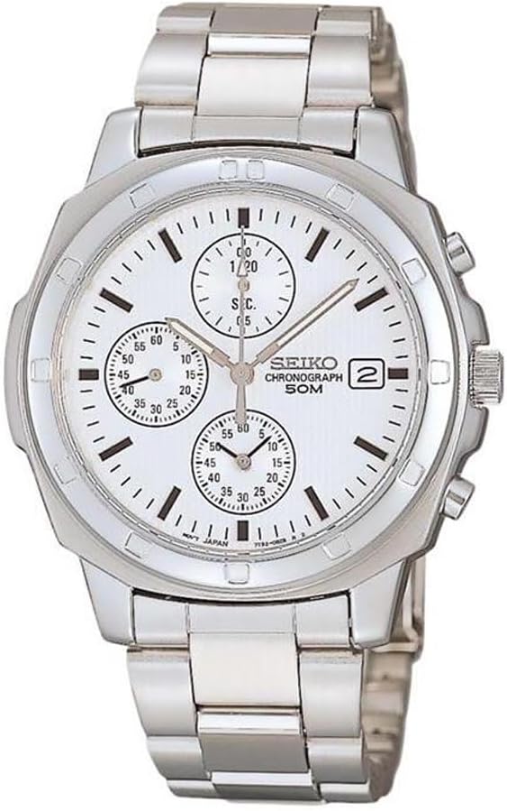 Seiko 1/20 Second Chronograph Quartz Wristwatch, Men's Silver, Overseas Model, Silver x White SND187P, Sporty