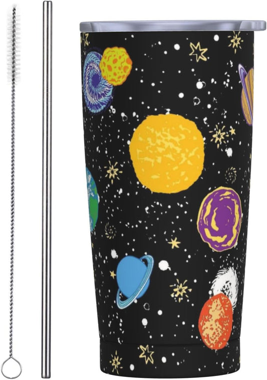 Space - Vaso de 20 onzas con tapa y popote para mujeres y hombres, taza aislada de planetas del sistema solar, diseño de estrellas, vaso de acero inoxidable dibujado a mano, vaso de acero